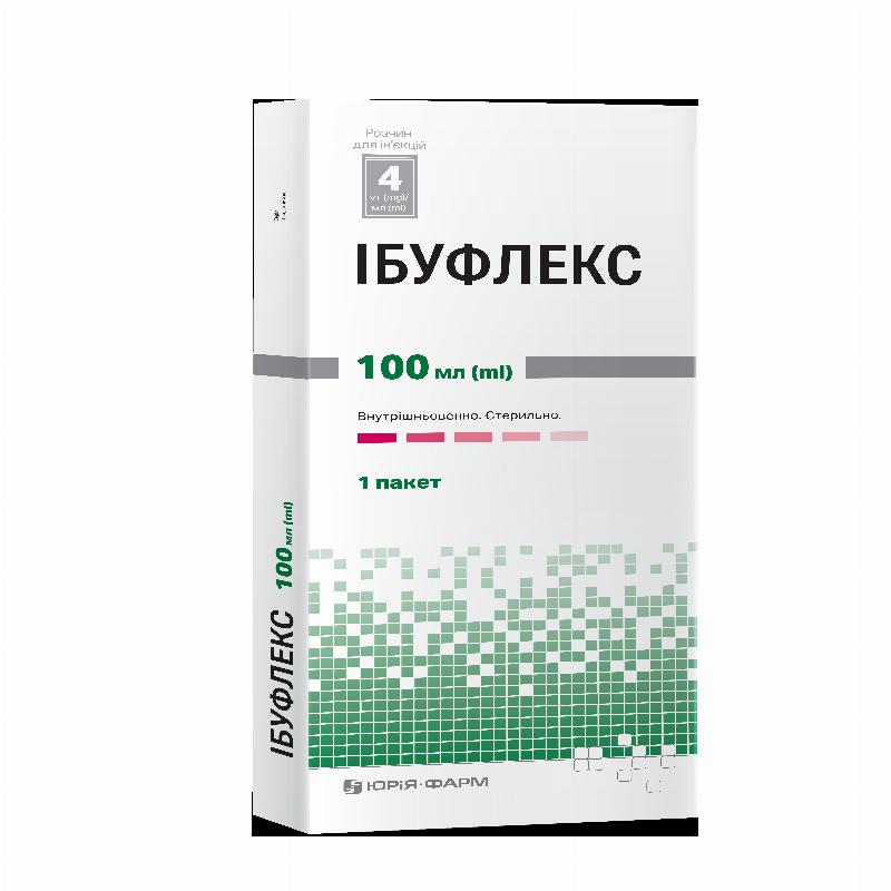 ІБУФЛЕКС розчин для інфузій, 4 мг/мл; по 100 мл у пакетах полімерних, оснащених двома трубками полімерними; по 1 пакету у коробці з картону